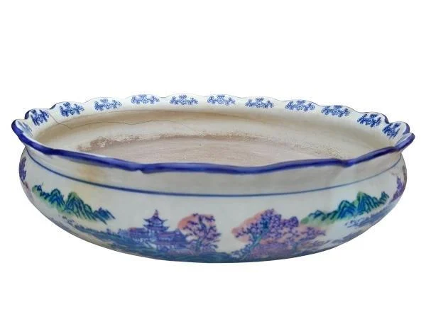 A 19th Century Antique Qing Dynasty Blue / White Hand Painted Bowl / Planter