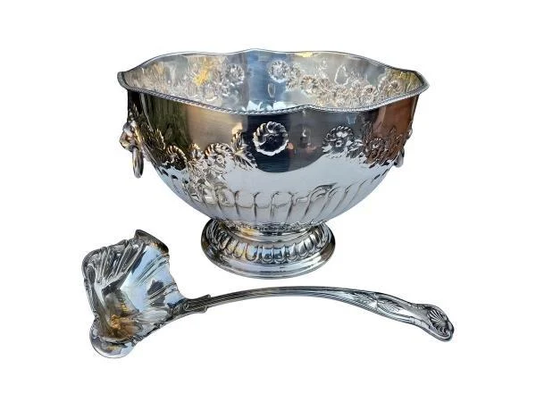 A 20th Century English Silver Plate Victorian Style Punch Bowl With Ladle