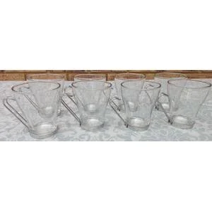 8 Glass tea mugs, tea cups or coffee cups, metal handle, Bormioli Rocco 1980s SOLD AS IS
