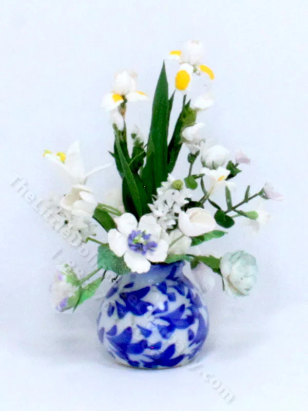 Miniature White Flowers and Blue Vase for Dollhouses