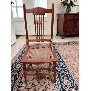 Antique Victorian Pressed-Back Oak Chair – Hand-Woven Cane Seat