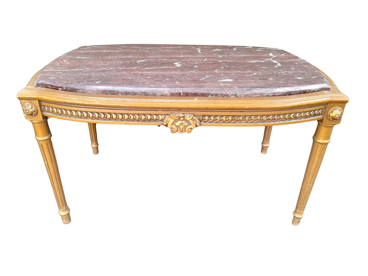 A French Style Hand Carved Giltwood Table With Marble