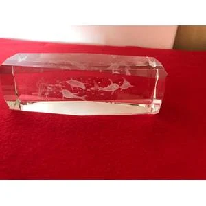 Laser Etched Glass Block Beveled PAPERWEIGHT 3D ORNAMENT Rectangle DOLPHINES 15cm