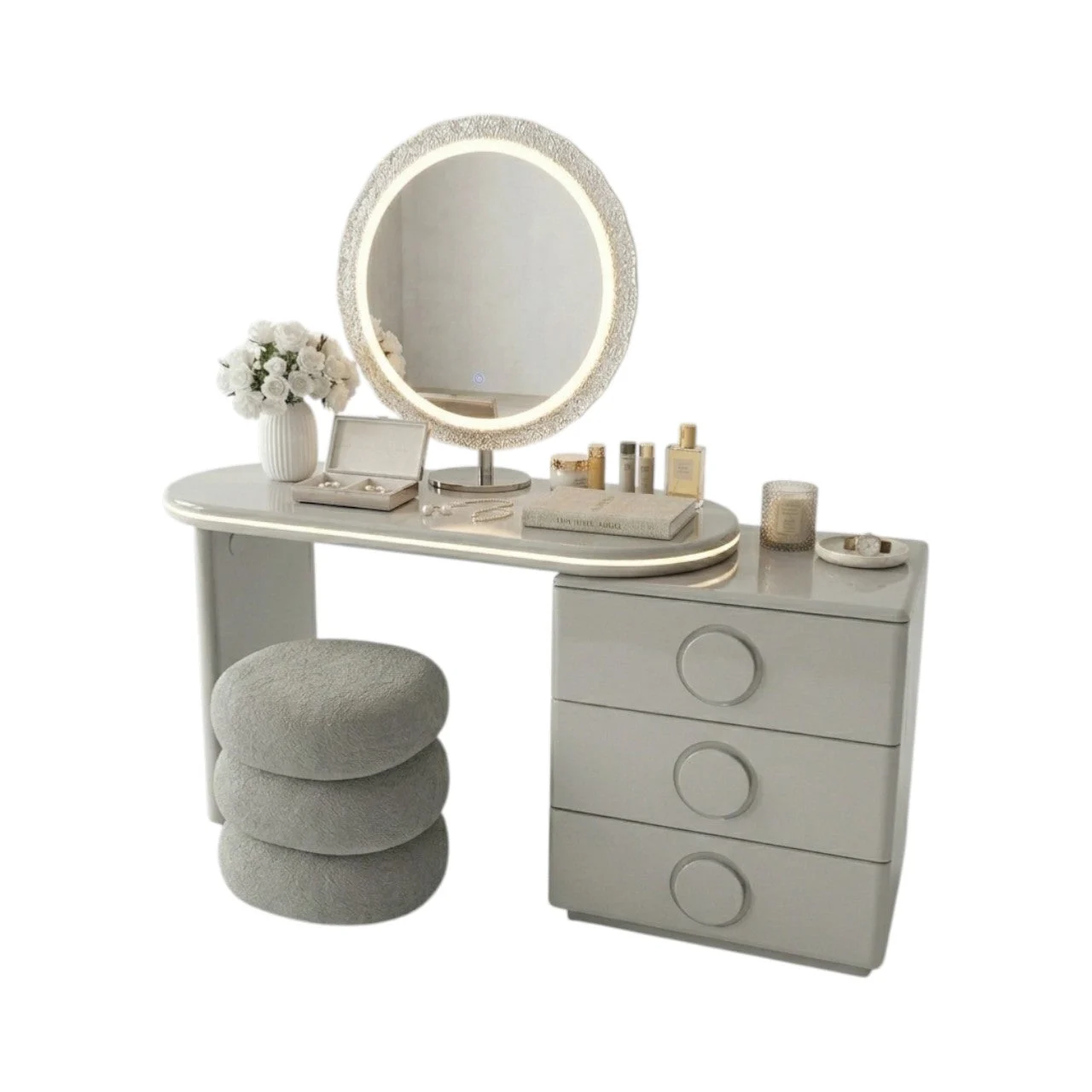 MFurn Glossy Grey LED Vanity Set with Bouclé Pebble Stool