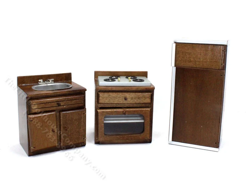 Miniature 3 Piece Walnut Kitchen Set for Dollhouses