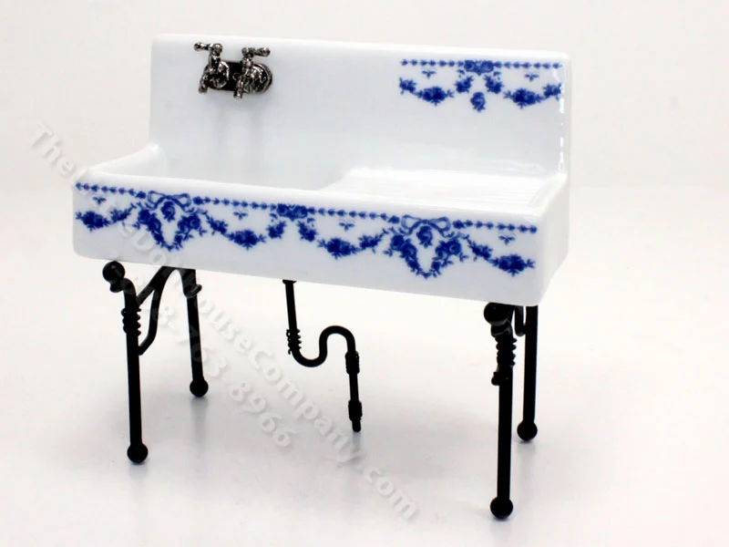 Miniature Blue Bow Porcelain Kitchen Sink for Dollhouses