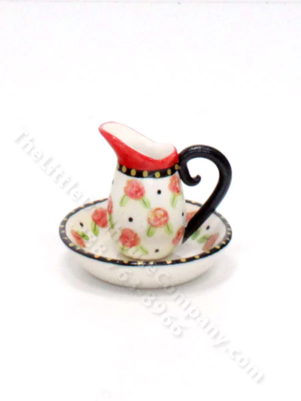 Miniature Ceramic Red Rose Pitcher and Wash Bowl