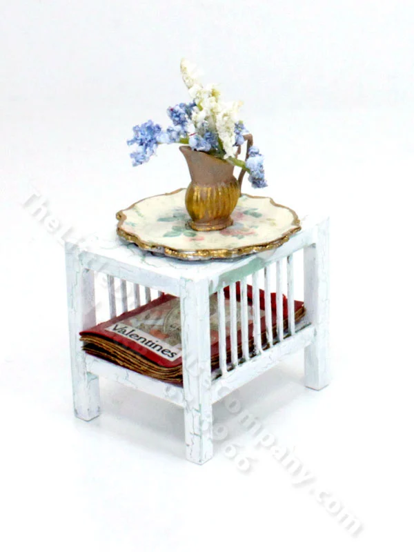 Miniature Distressed Side Table with Flowers for Dollhouses