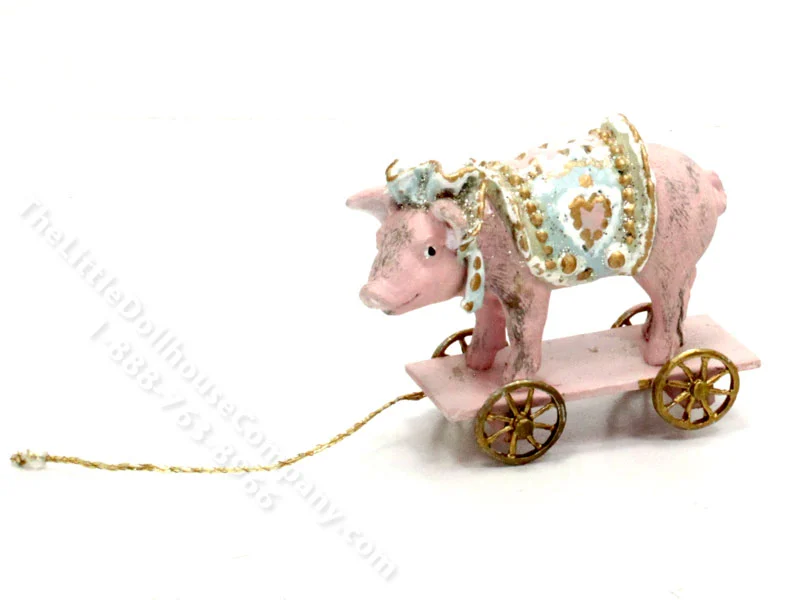 Miniature Dressed Up Pig Pull Toy for Dollhouses
