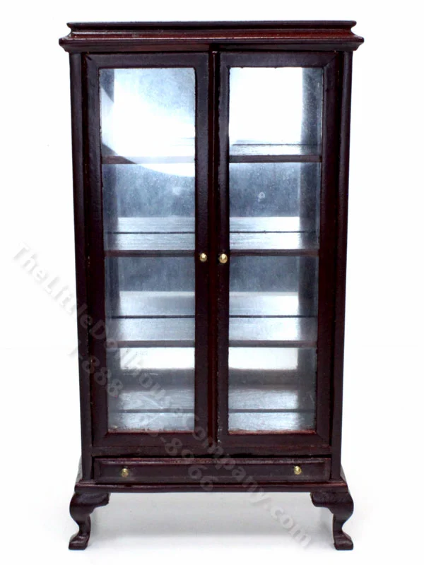 Miniature Mahogany Mirror-Backed Curio Cabinet for Dollhouses
