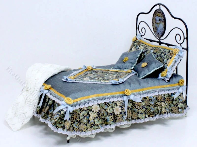 Miniature Metal Bed Dressed in Blue Floral by Judith Blondell