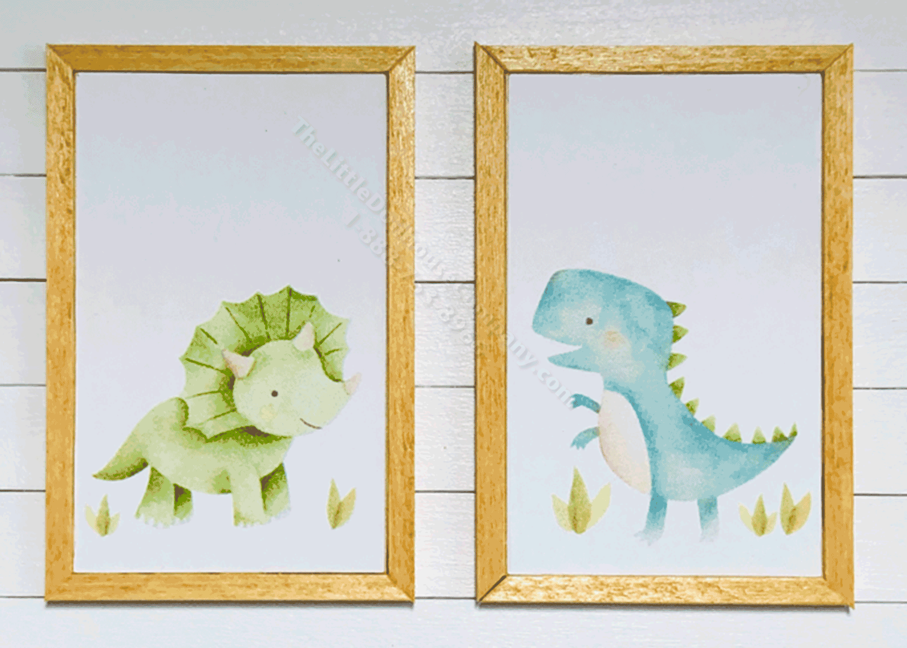 Miniature Pair Rectangular Framed Dinosaur Prints on Wood