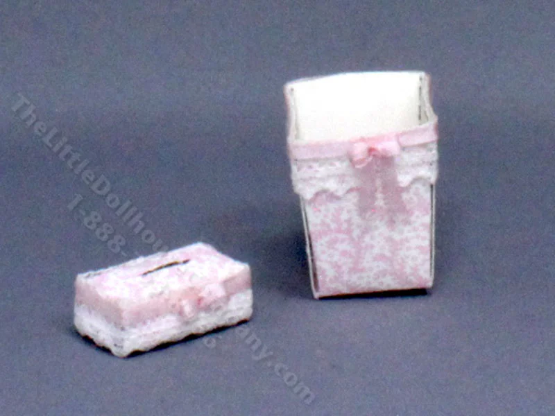 Miniature Pink Waste Paper Basket and Tissue Box for Dollhouses