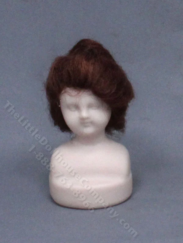 Miniature Porcelain Doll Head with Styled Brown Hair