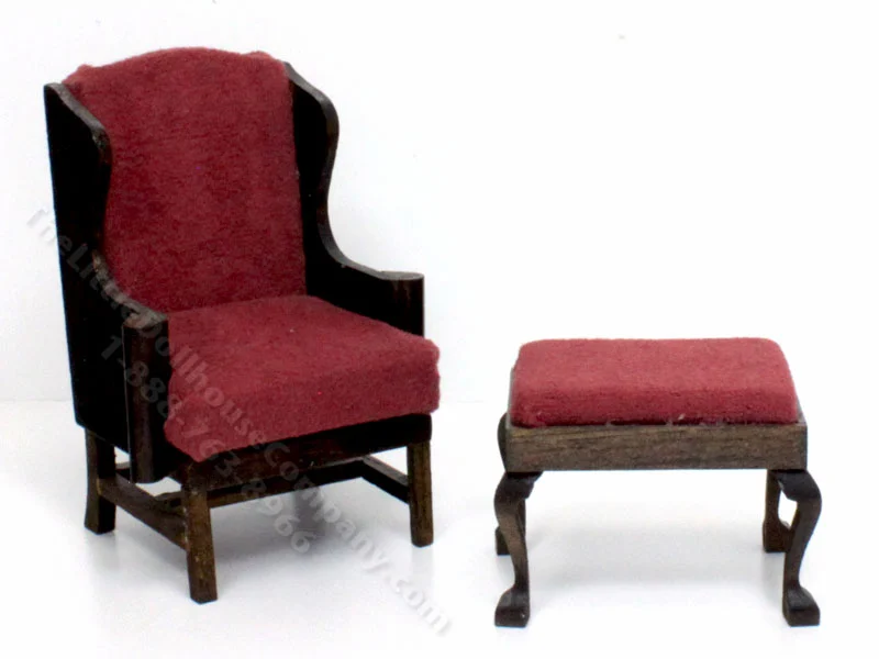 Miniature Suede Wing Chair & Ottoman for Dollhouses