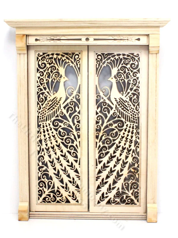 Miniature Unfinished Peacock Double Door for Dollhouses