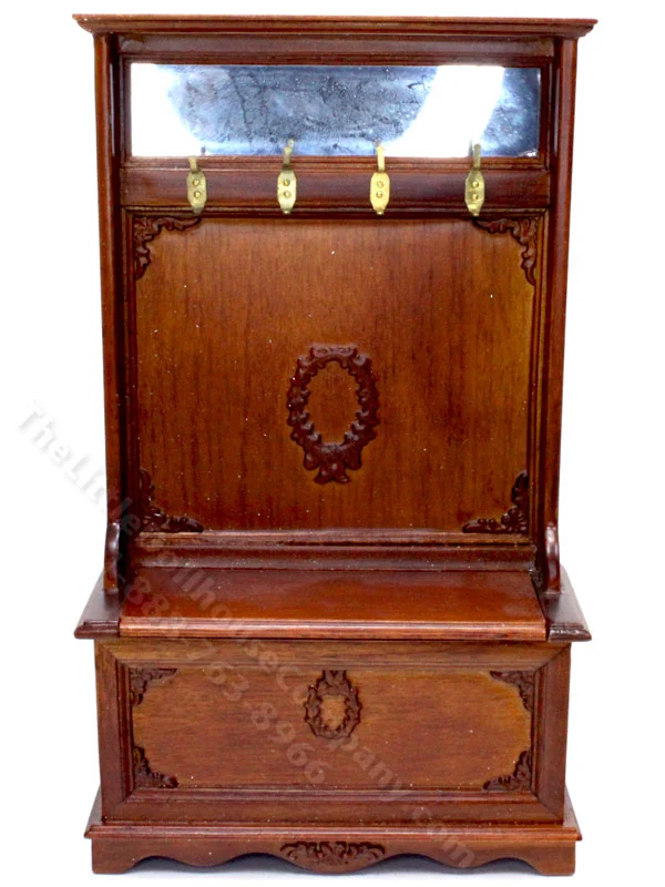 Miniature Walnut Hall Stand with Bench for Dollhouses