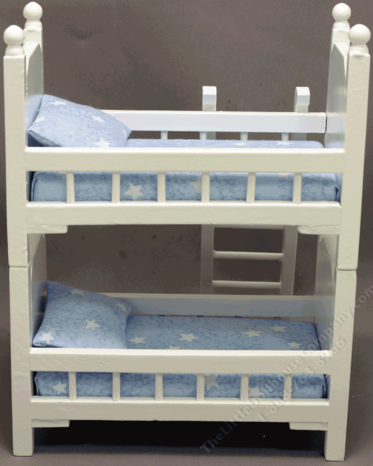 Miniature White Kid's Bunk Bed with Blue Star Bedding