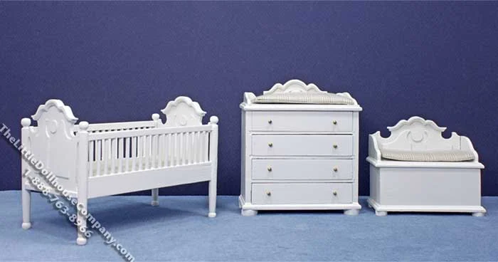 Miniature White Nursery Set with Ecru Covers for Dollhouses