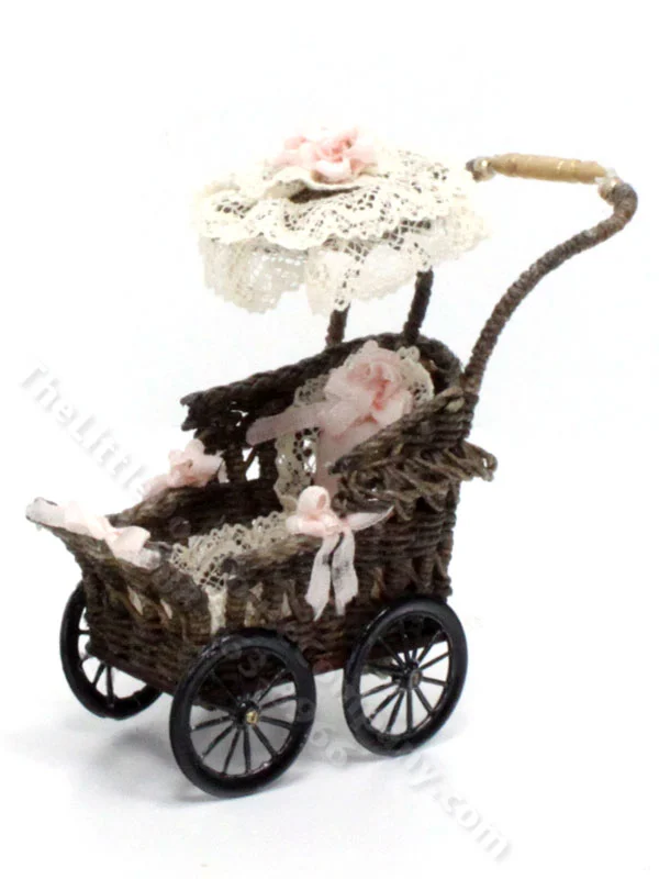 Miniature Wicker Pram with Parasol for Dollhouses