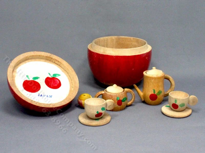 Play Scale Miniature Wooden Apple Tea Set for Dollhouses