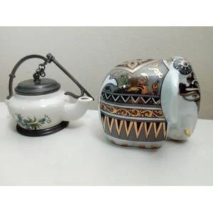 Porcelain/Pewter Kettle/Oil lamp. A True Shi Lankin Memento Elephant 1 sealed pack. The Art of Tea.