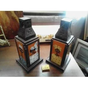 Set of 2 Metal Candle Lanterns With Handpainted Glass Side panels (Senegal W/ Africa Signed)