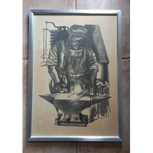 Vintage Lithograph print of Charcoal Drawing - Blacksmith - Aluminium frame