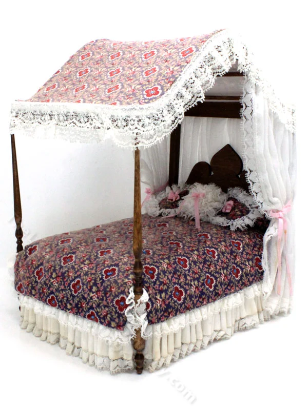 Vintage Miniature Dressed Walnut Canopy Bed for Dollhouses