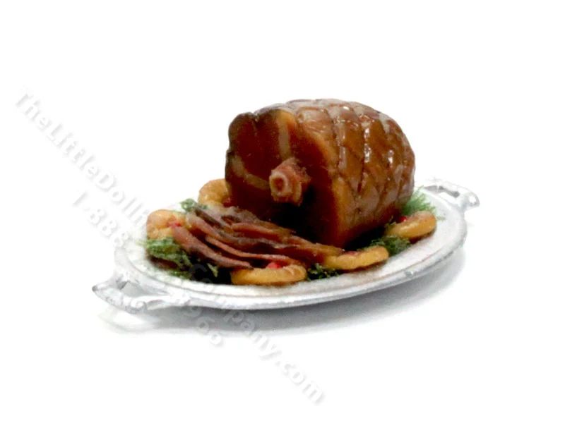 Vintage Miniature Ham on Silver Platter for Dollhouses
