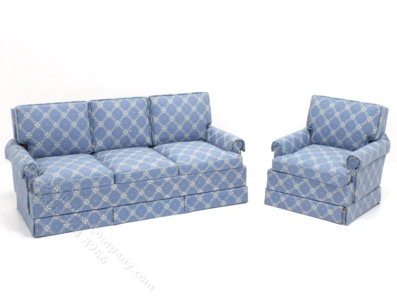 Vintage Miniature Sofa & Chair Set with Blue Diamond Pattern